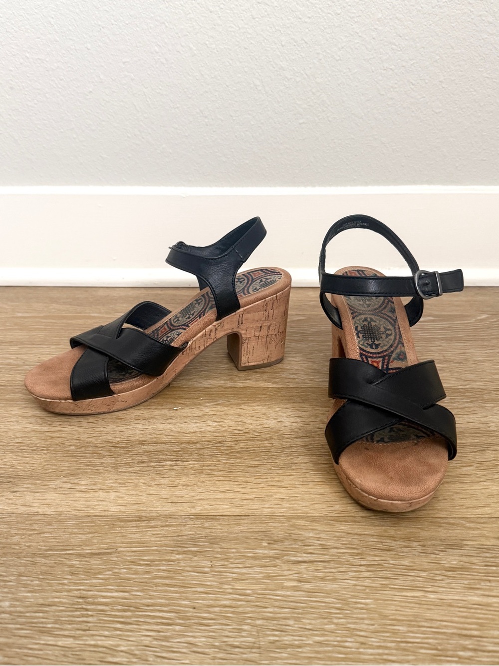 boc Black Cork Block Heel Sandals with Ankle Strap